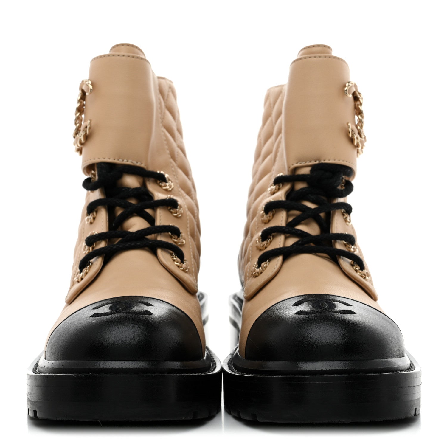 Chanel Lambskin Calfskin Quilted Lace Up Combat Boots 36.5 Beige Black 3 of 9