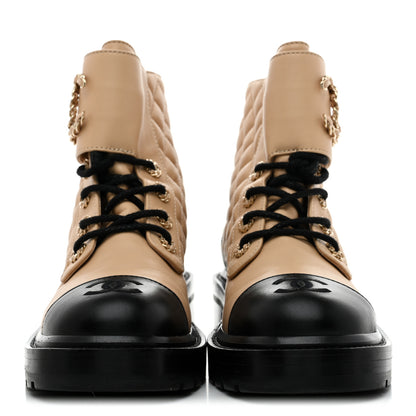 Chanel Lambskin Calfskin Quilted Lace Up Combat Boots 36.5 Beige Black 3 of 9