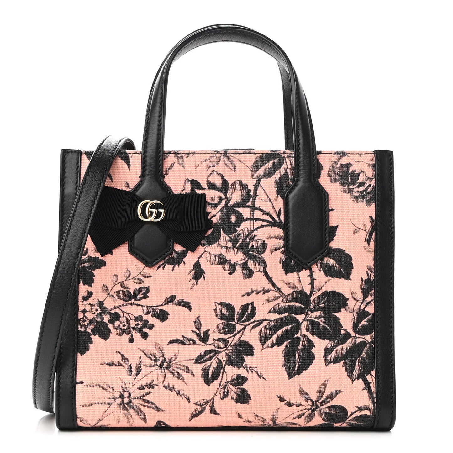 Canvas Herbarium Print Ribbon Top Handle Bag Pink Black