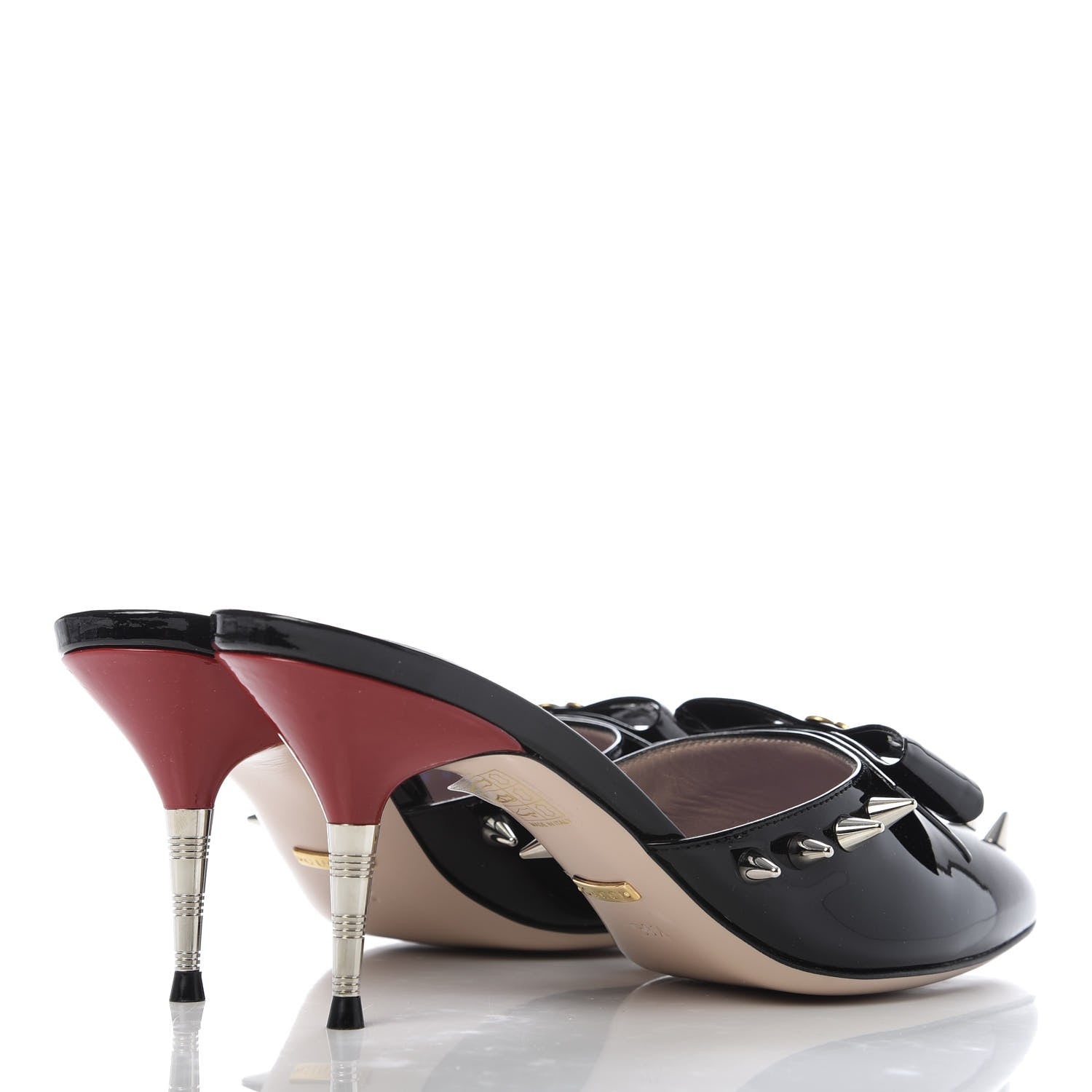 Gucci Patent GG Bow Sadie Spike Mid Heel Mules 38.5 Black 5 of 10