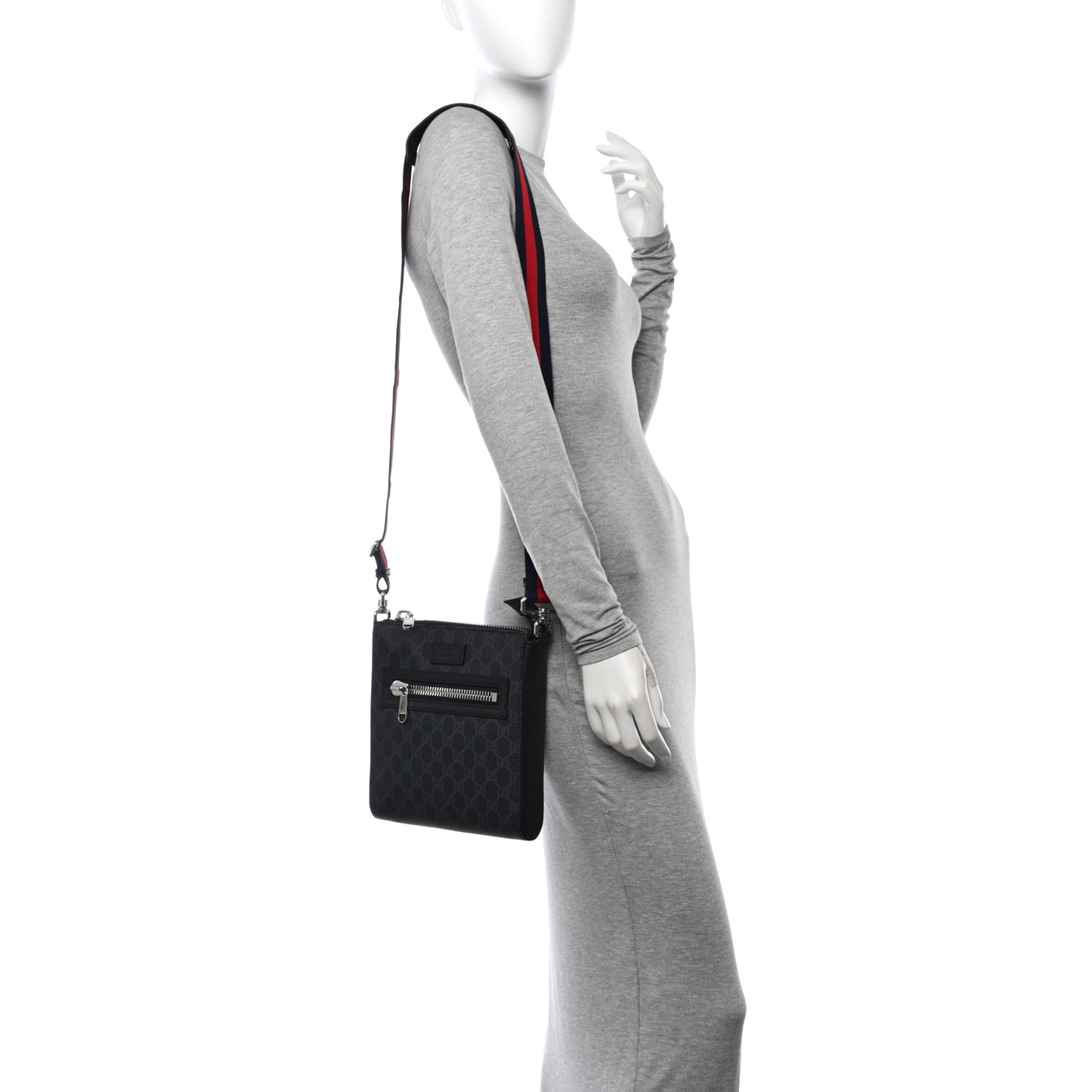 GG Supreme Monogram Web Small Flat Messenger Bag Black Grey