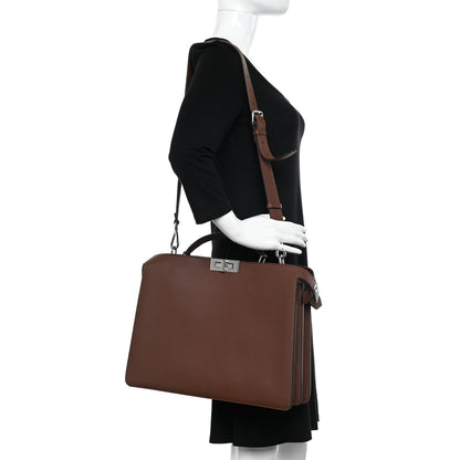 Fendi Cuoio Romano Vitello Cover Glazed Fabric Bi-Color FF 1974 Medium Peekaboo I SEE U Satchel Ghianda Saddler Tobacco Moro 2 of 14