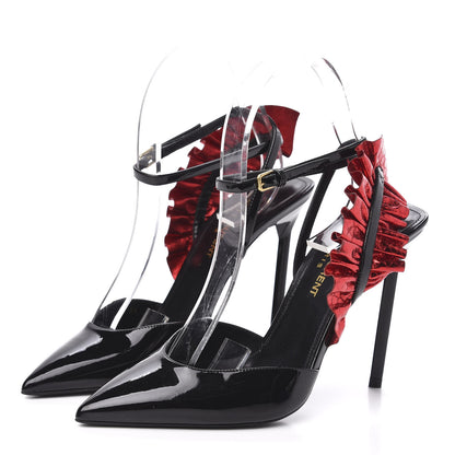 Saint Laurent Patent Calfskin Ayers Edie 110 Leaf Slingback Pumps 36 Black Red 3 of 9