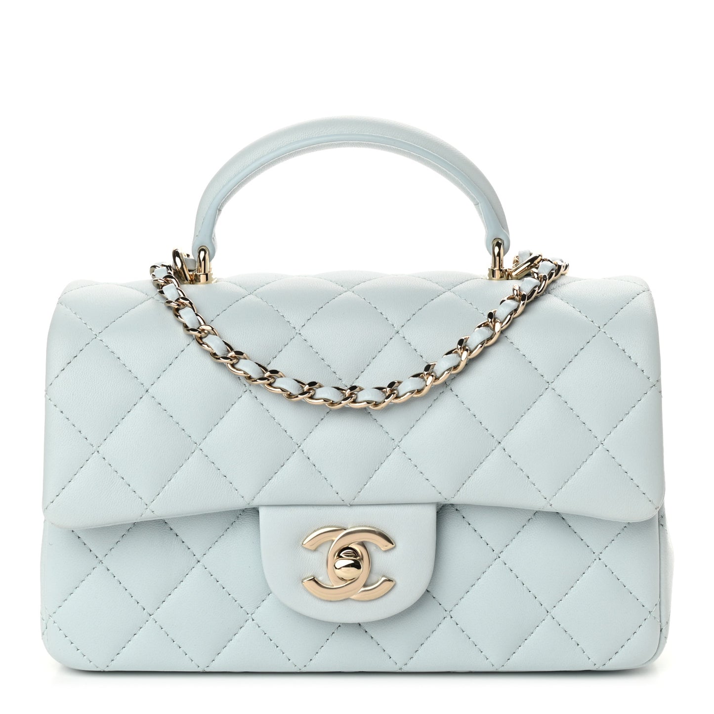 Lambskin Quilted Mini Top Handle Rectangular Flap Light Blue