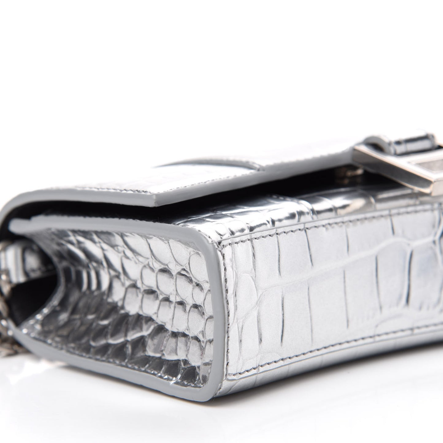 Metallic Calfskin Crocodile Embossed Hourglass Chain Bag Silver