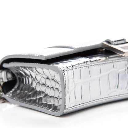 Balenciaga Metallic Calfskin Crocodile Embossed Hourglass Chain Bag Silver 6 of 11