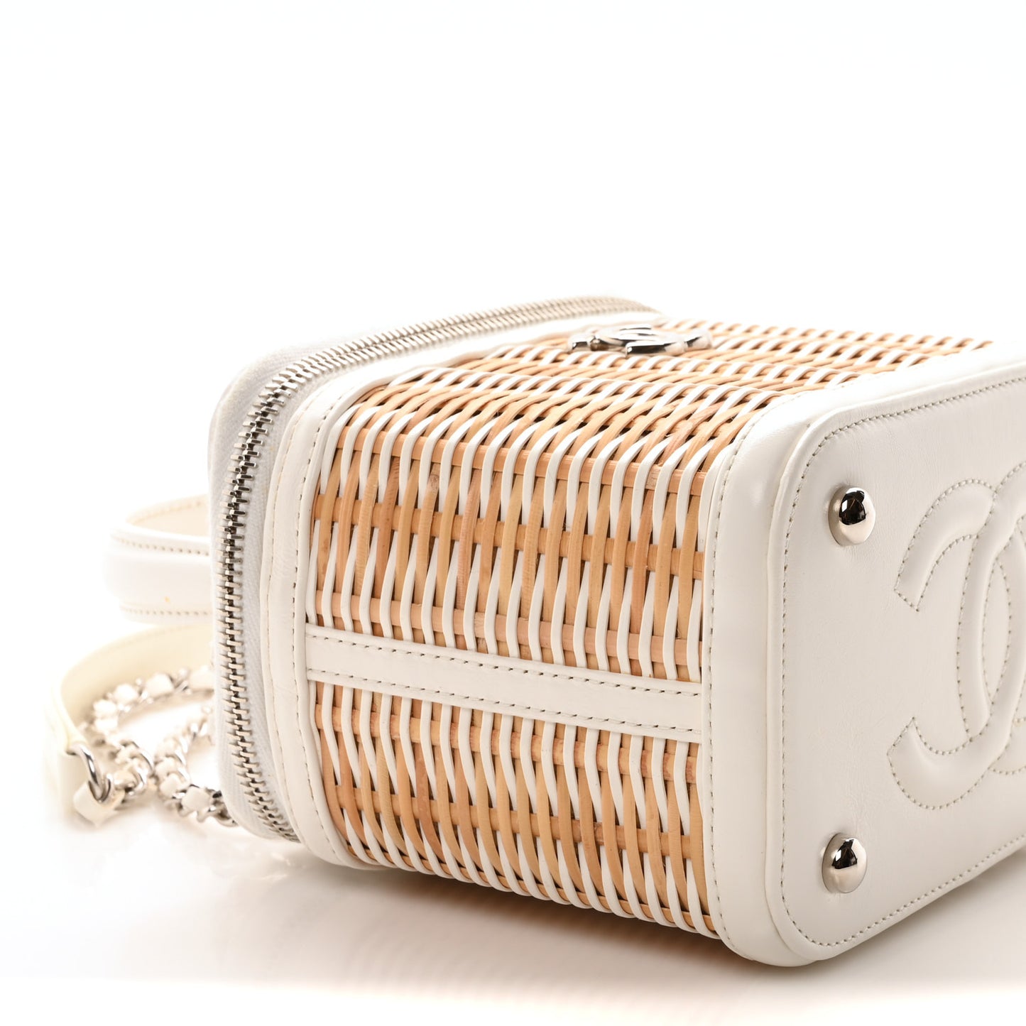 Calfskin Raffia Small Vanity Case Bag White Beige