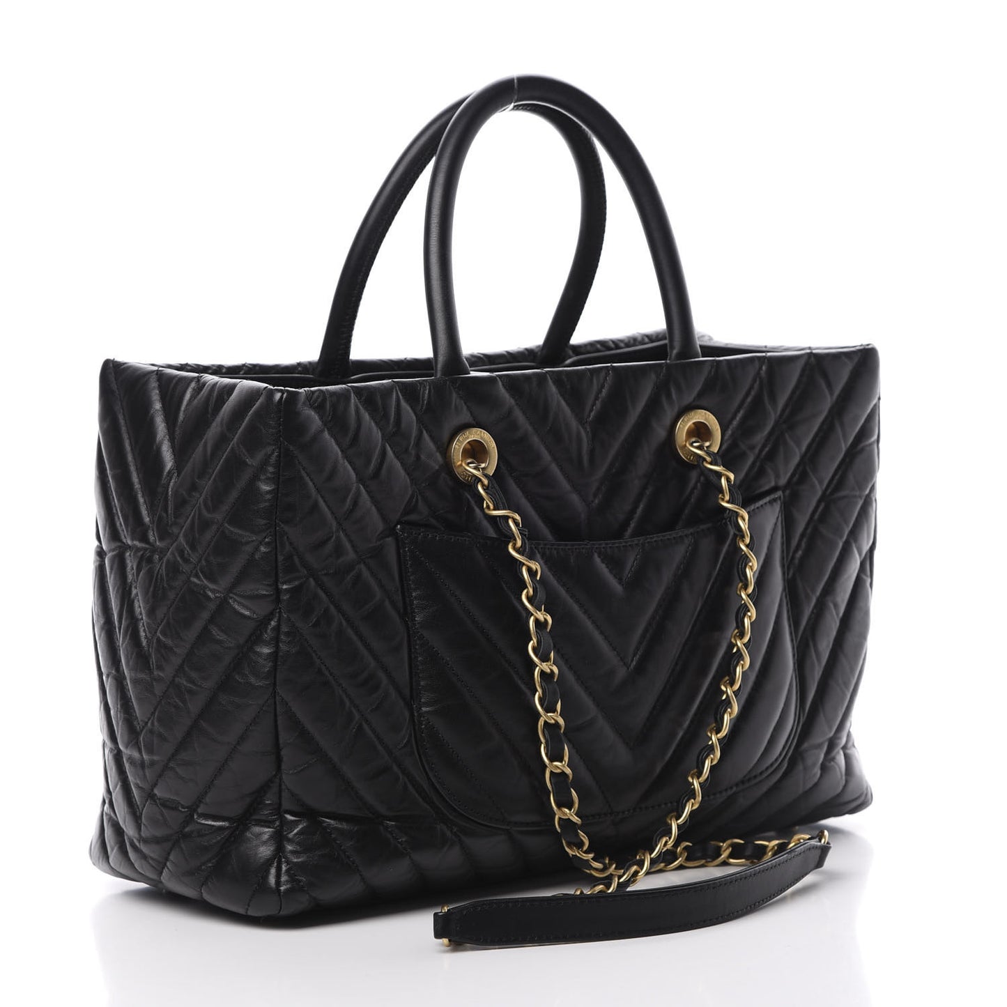 Aged Calfskin Chevron Coco Handle Shopping Tote Black