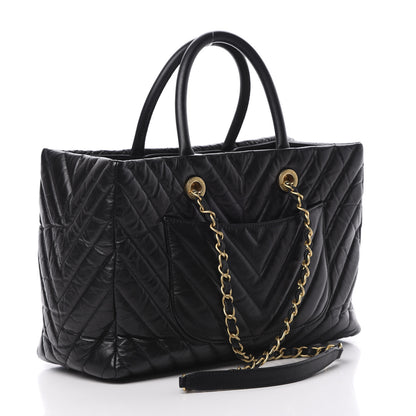 Chanel Aged Calfskin Chevron Coco Handle Shopping Tote Black 4 of 13