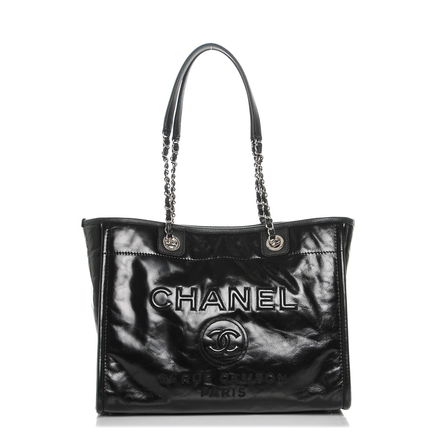 Glazed Calfskin Small Deauville Tote Black