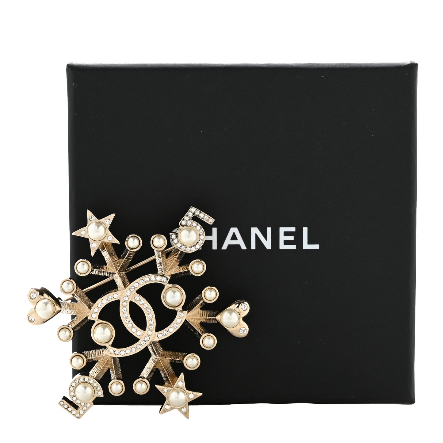 Crystal Pearl Hearts CC Brooch Gold
