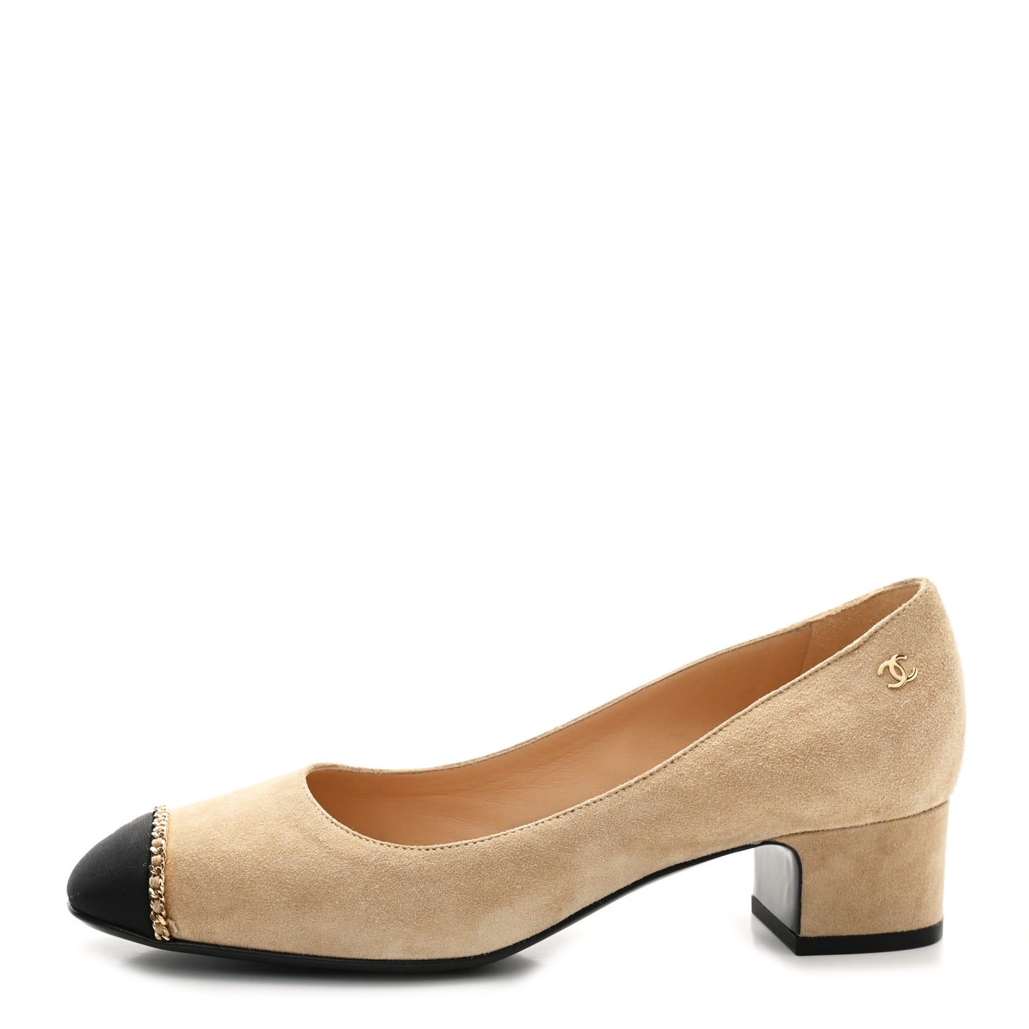 Suede Calfskin Grosgrain Cap Toe Chain Ballerina Flats 37 Beige Black