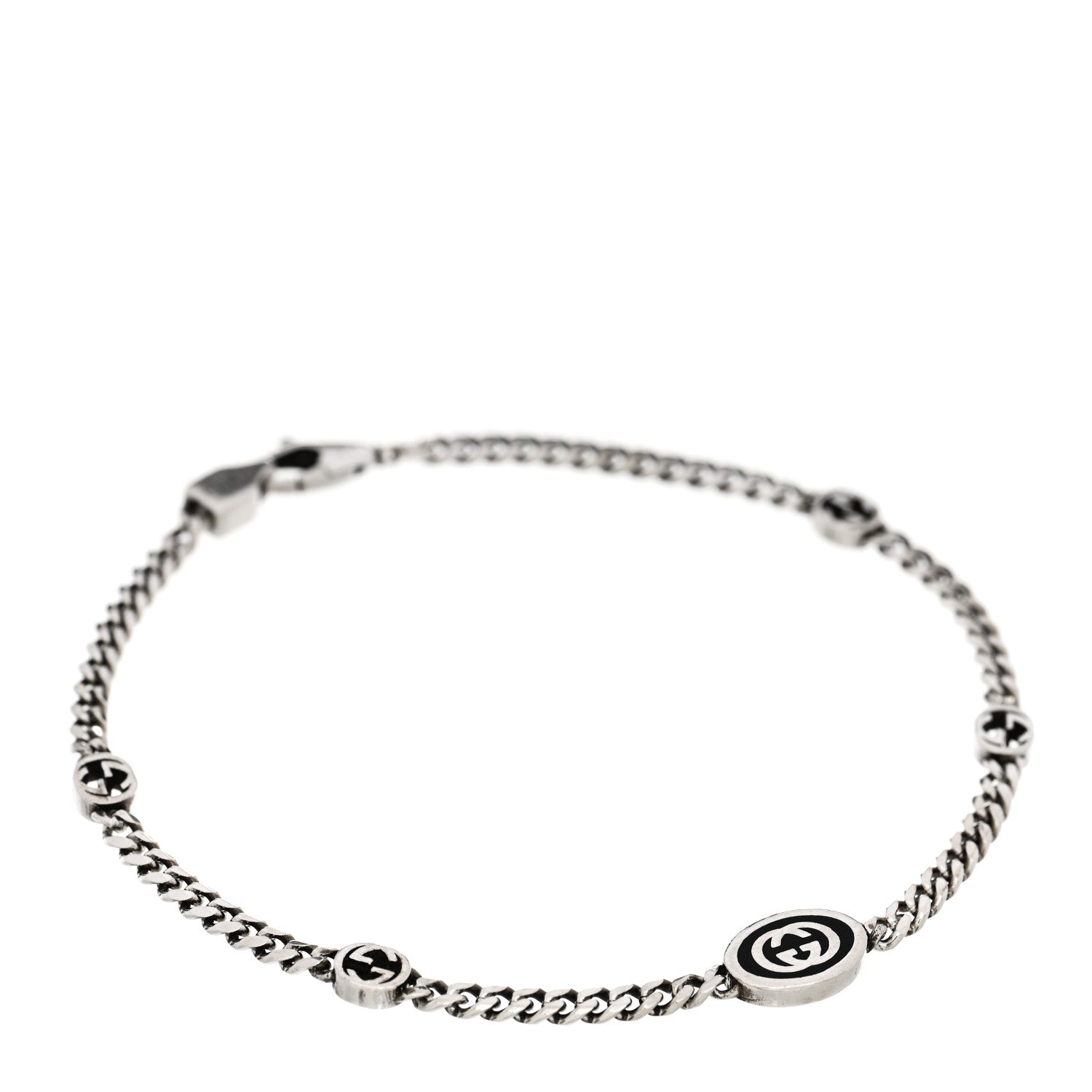 Gucci Sterling Silver Enamel Thin Interlocking G Bracelet Black 1 of 3