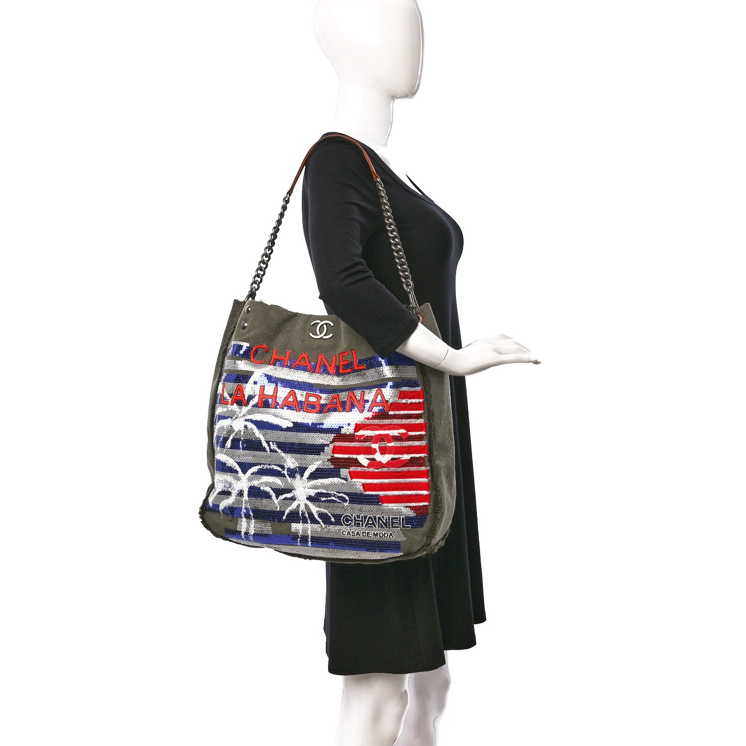 Chanel Canvas Sequins Cubano Trip Hobo Khaki 2 of 9