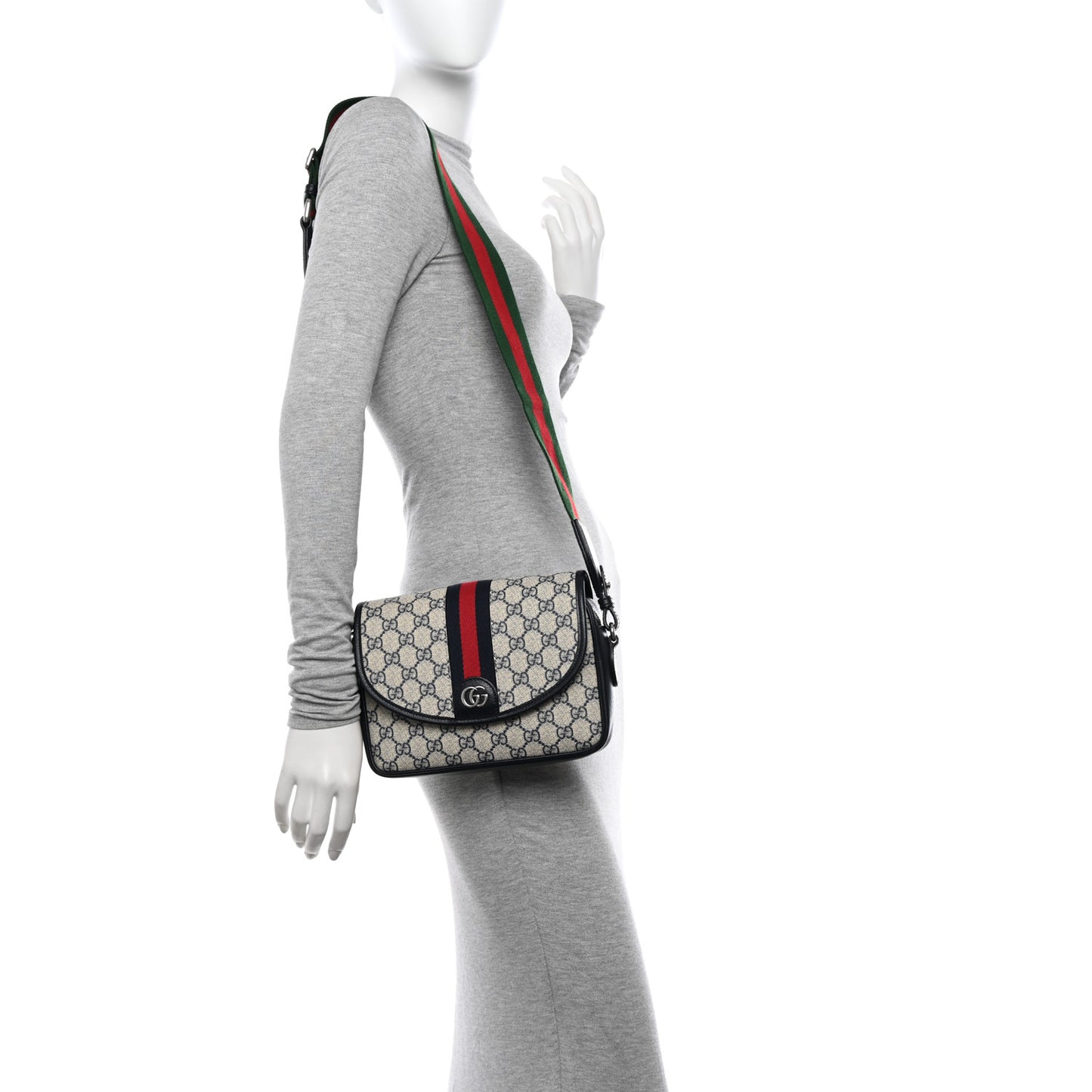 GG Supreme Monogram Textured Dollar Calfskin Web Studded Mini Ophidia Flap Shoulder Bag Beige Blue