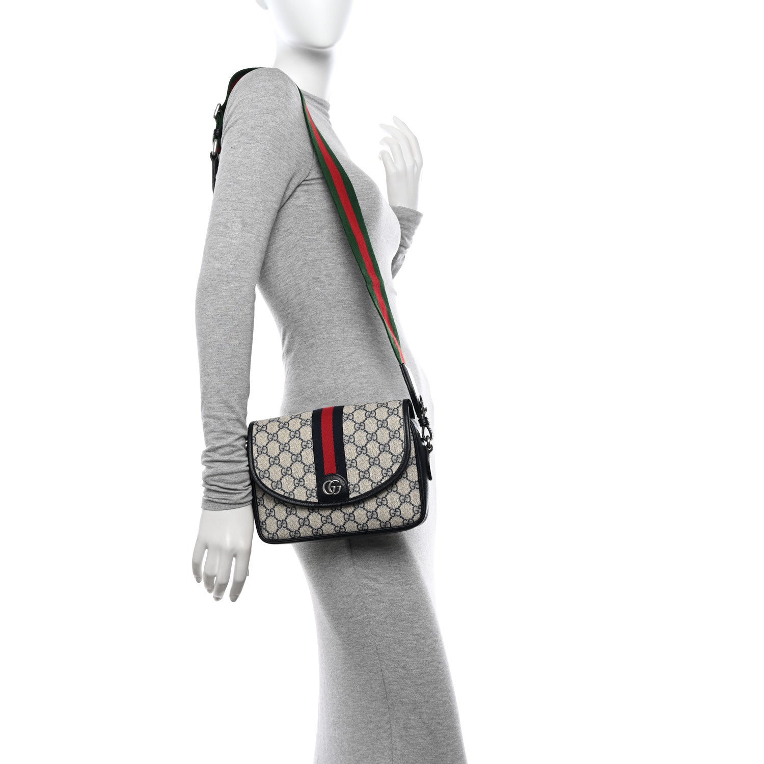 Gucci GG Supreme Monogram Textured Dollar Calfskin Web Studded Mini Ophidia Flap Shoulder Bag Beige Blue 2 of 10