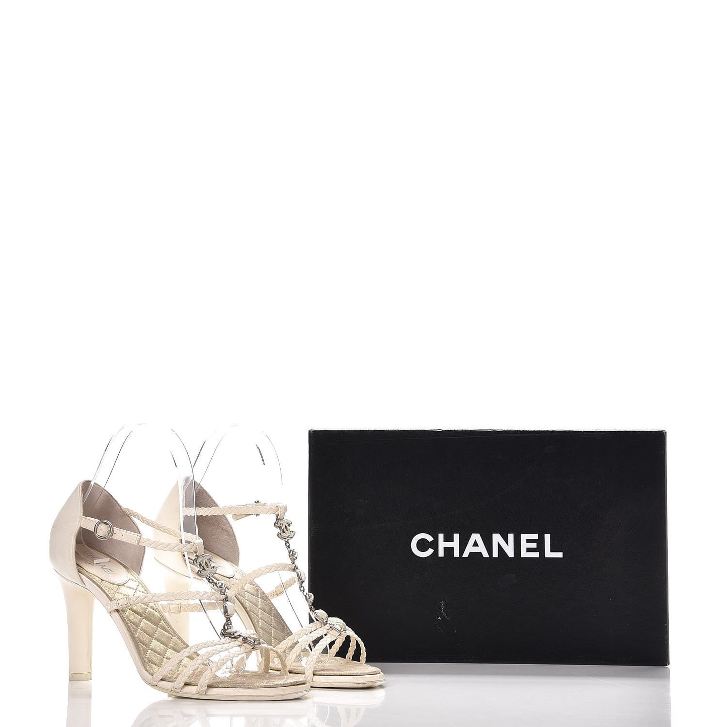 Lambskin Enamel Pearl CC Braided Sandals 39.5 Ivory