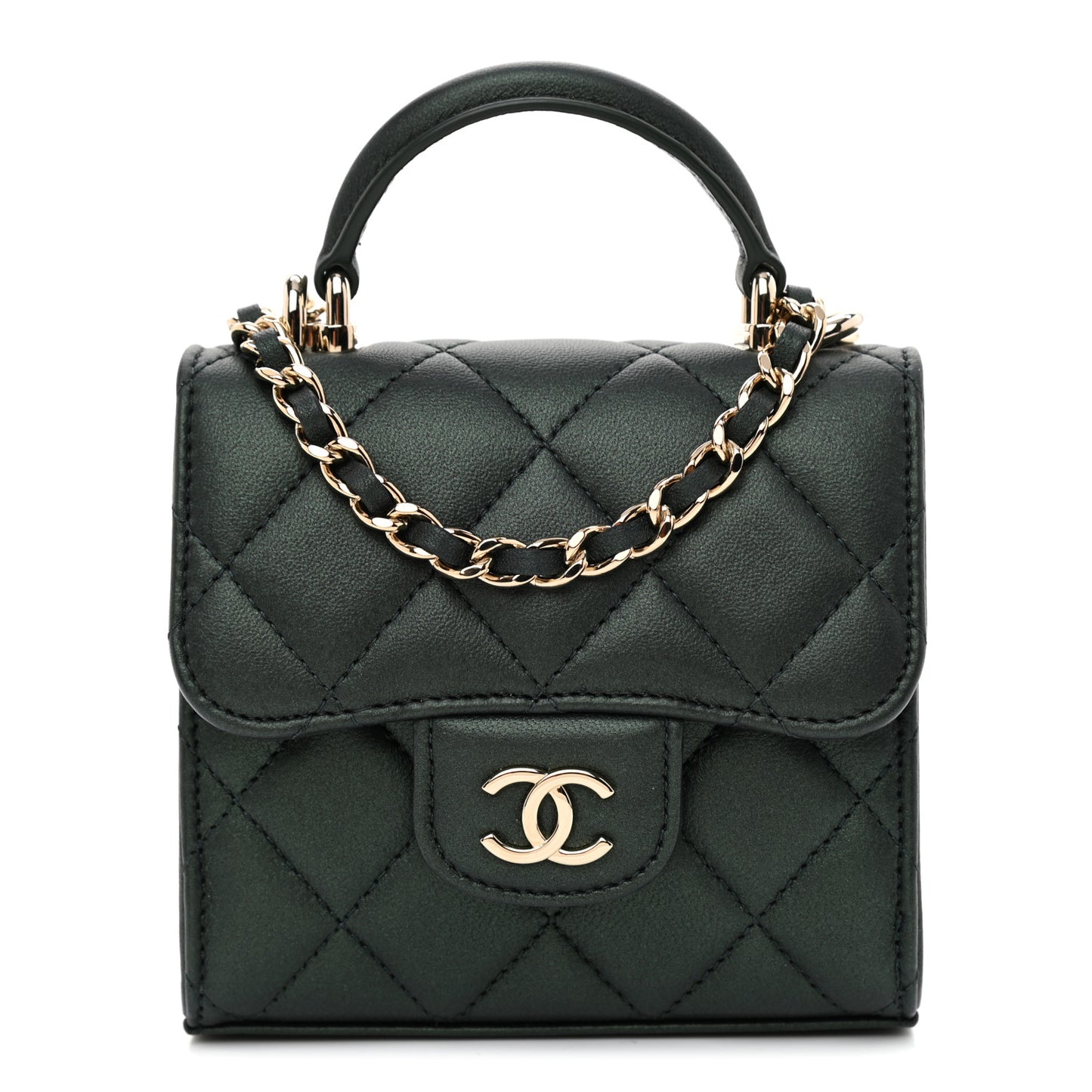 Iridescent Lambskin Quilted Top Handle Flap Clutch With Chain Dark Green