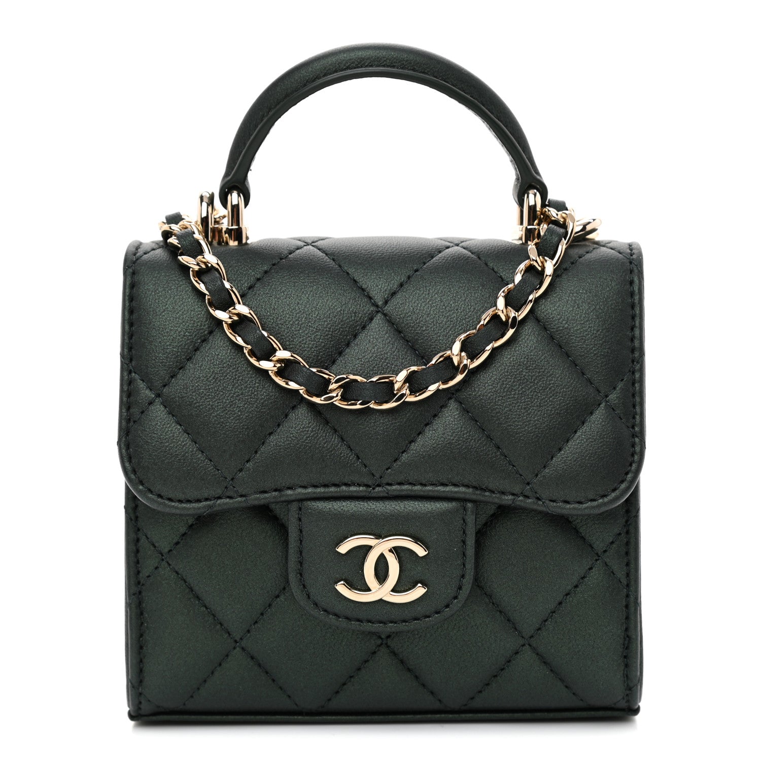 Chanel Iridescent Lambskin Quilted Top Handle Flap Clutch With Chain Dark Green 1 of 11