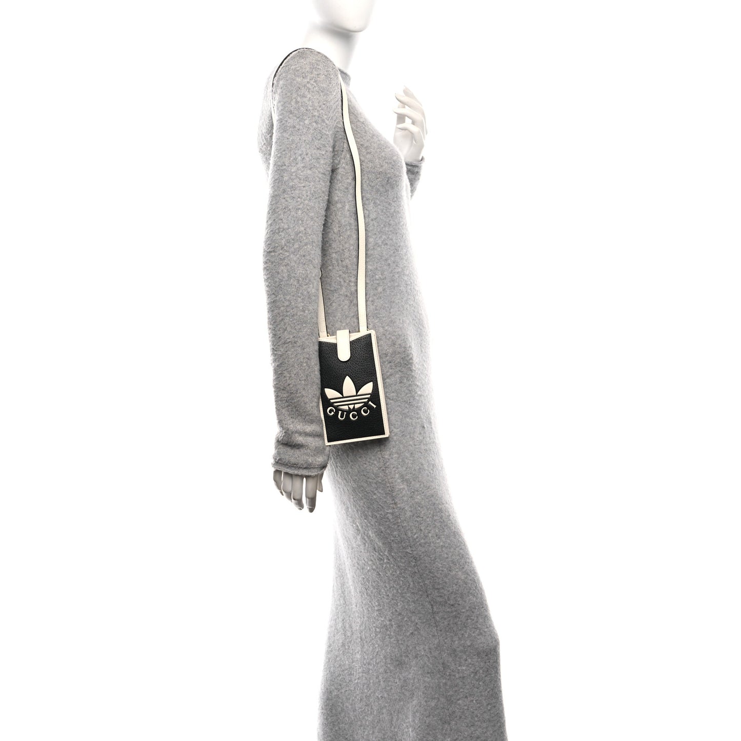 X ADIDAS Textured Dollar Calfskin Trefoil Embossed Phone Crossbody Bag Black Off White