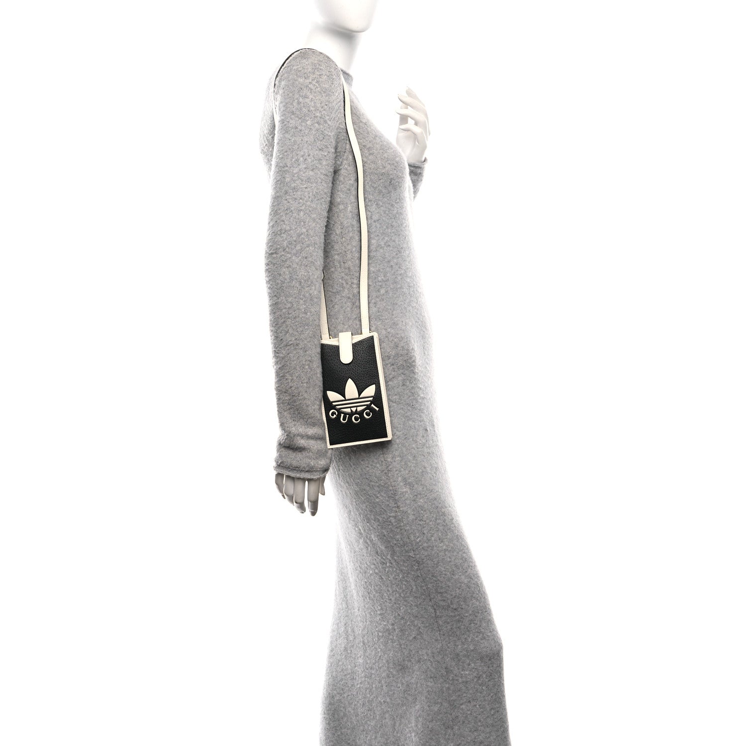 Gucci X ADIDAS Textured Dollar Calfskin Trefoil Embossed Phone Crossbody Bag Black Off White 2 of 13