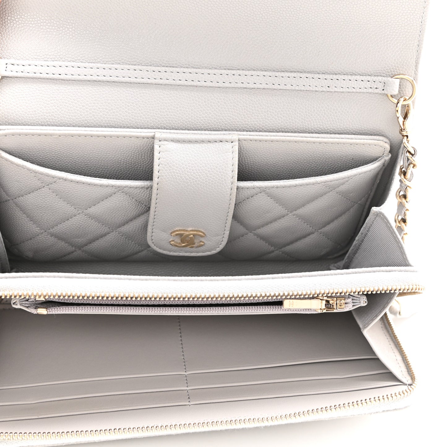 Caviar Quilted Phone Holder Wallet on Removable Chain Grey