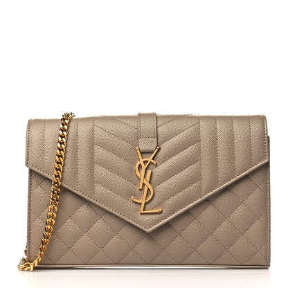 Saint Laurent Grain De Poudre Mixed Matelasse Triquilt Monogram Chain Wallet Dark Beige 1 of 8
