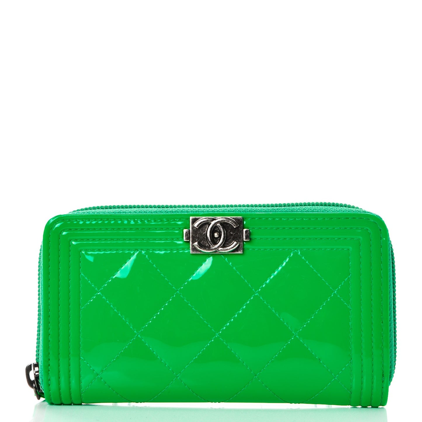 Patent Quilted Small Boy Zip Around Wallet Green