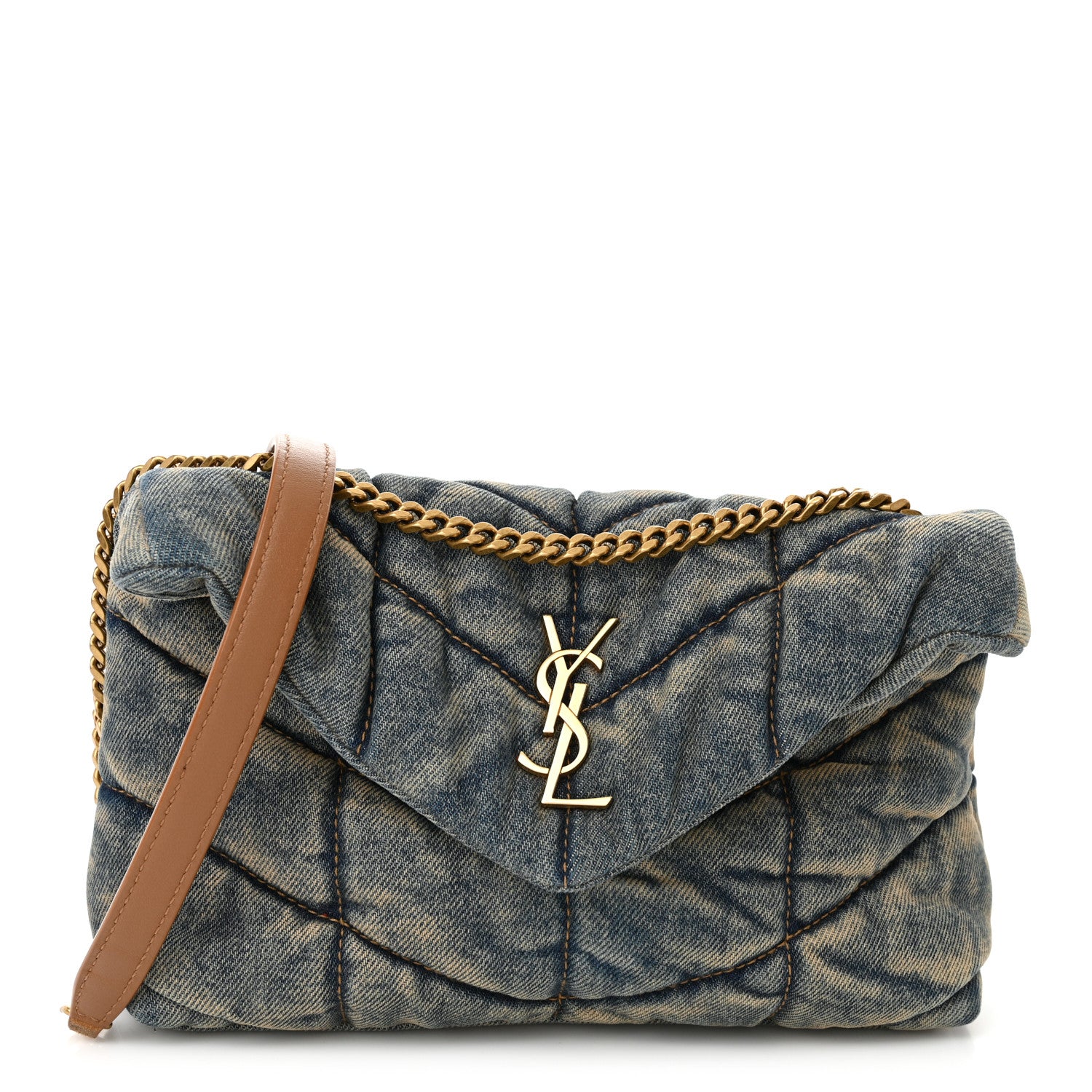 Saint Laurent Denim Quilted Toy Loulou Puffer Monogram Chain Satchel Blue Cinnamon 1 of 9