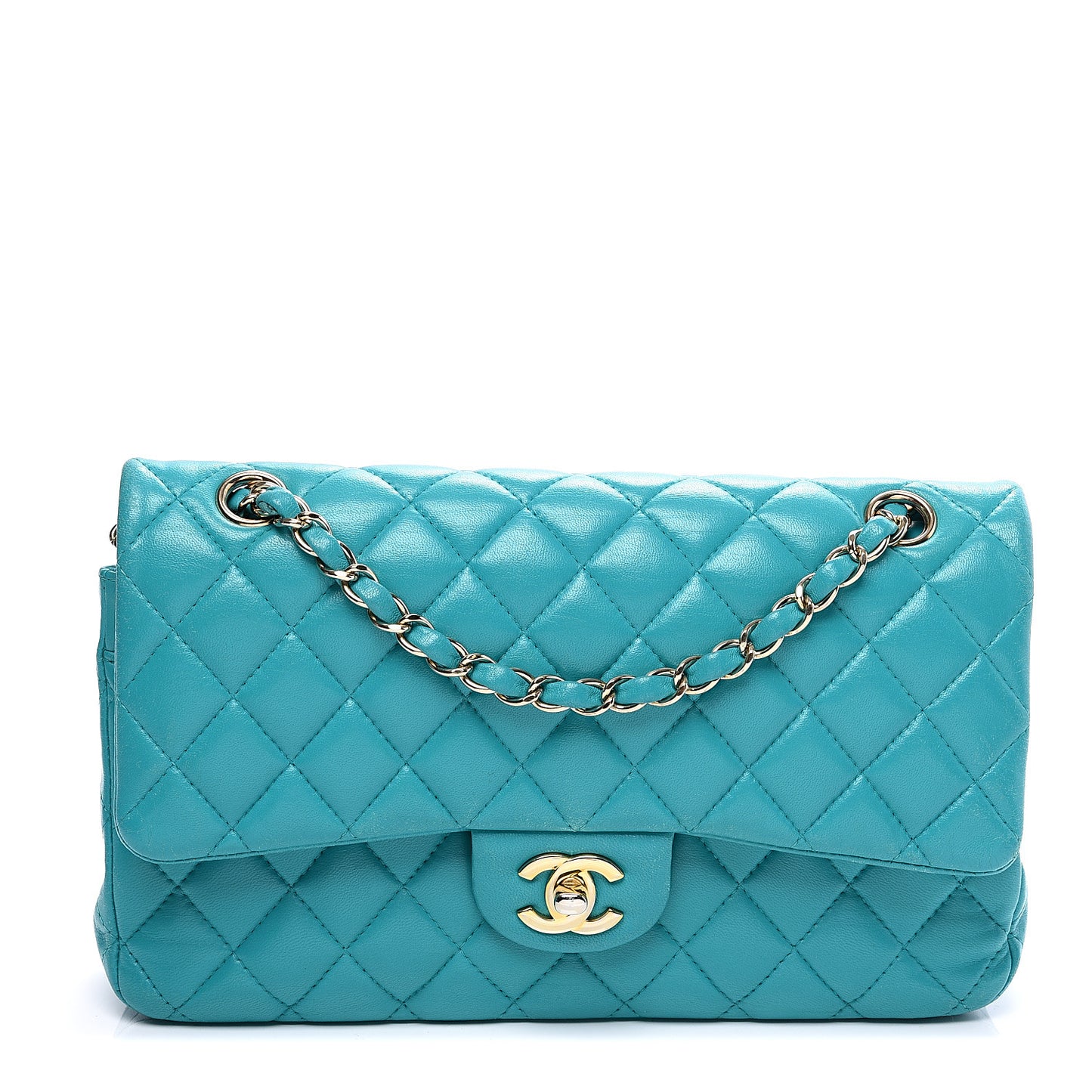 Lambskin Quilted Medium Double Flap Turquoise