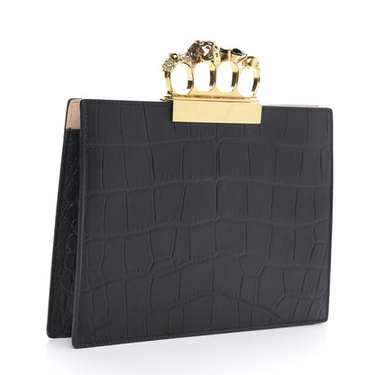 Alexander McQueen Calfskin Crocodile Embossed Knuckle Flat Clutch Black Gold 2 of 8