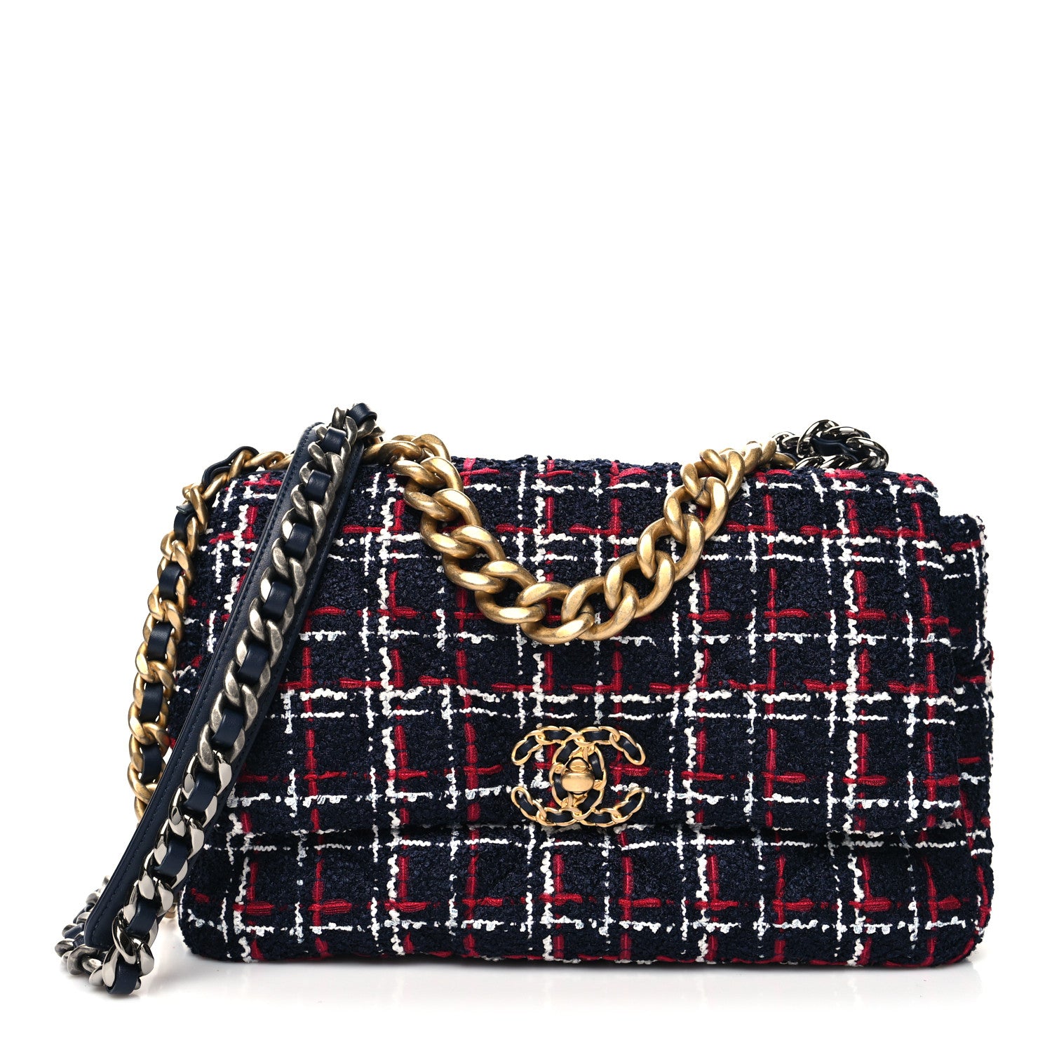 Chanel Tweed Quilted Large Chanel 19 Flap Navy Blue White Red 1 of 10