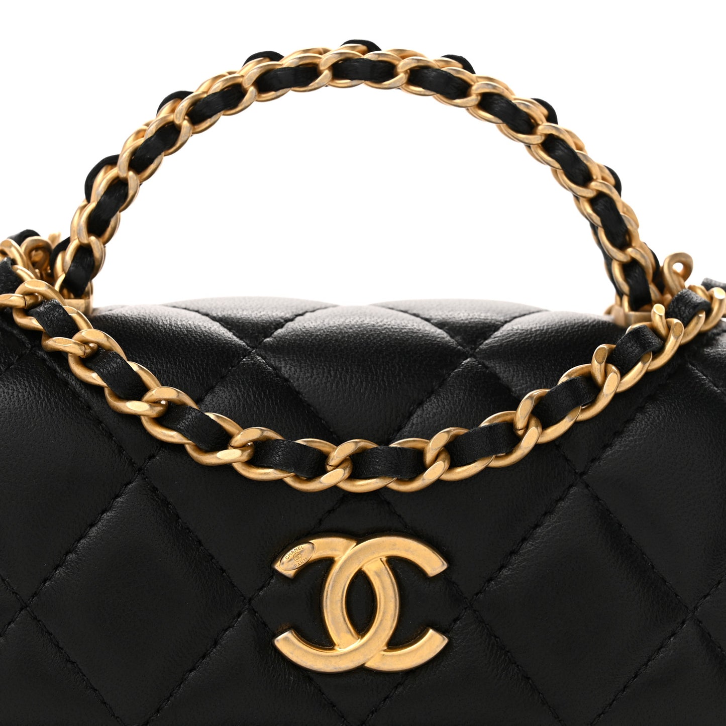Lambskin Quilted Mini Metal Top Handle Flap Clutch With Chain  Black