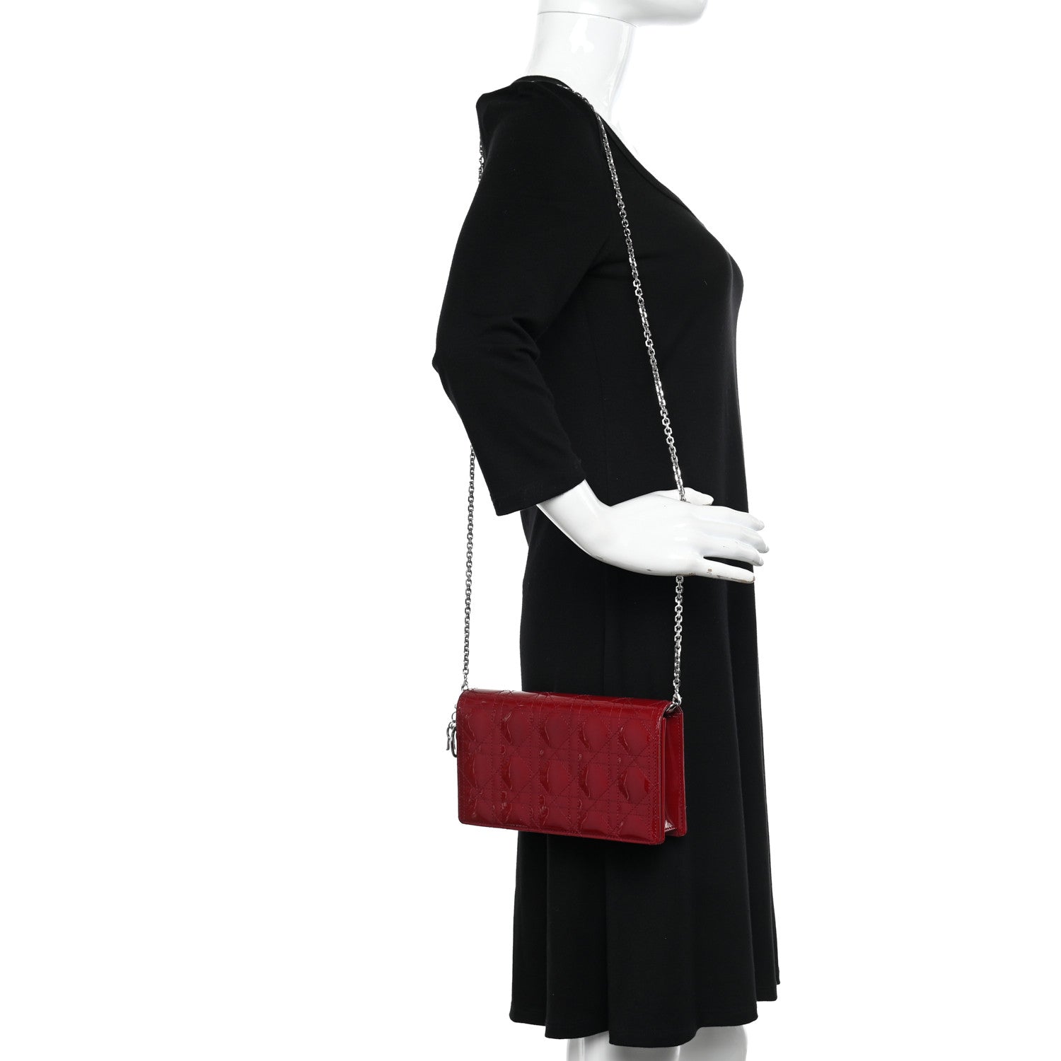 Christian Dior Patent Cannage Lady Dior Chain Wallet Rouge Ceris 2 of 15