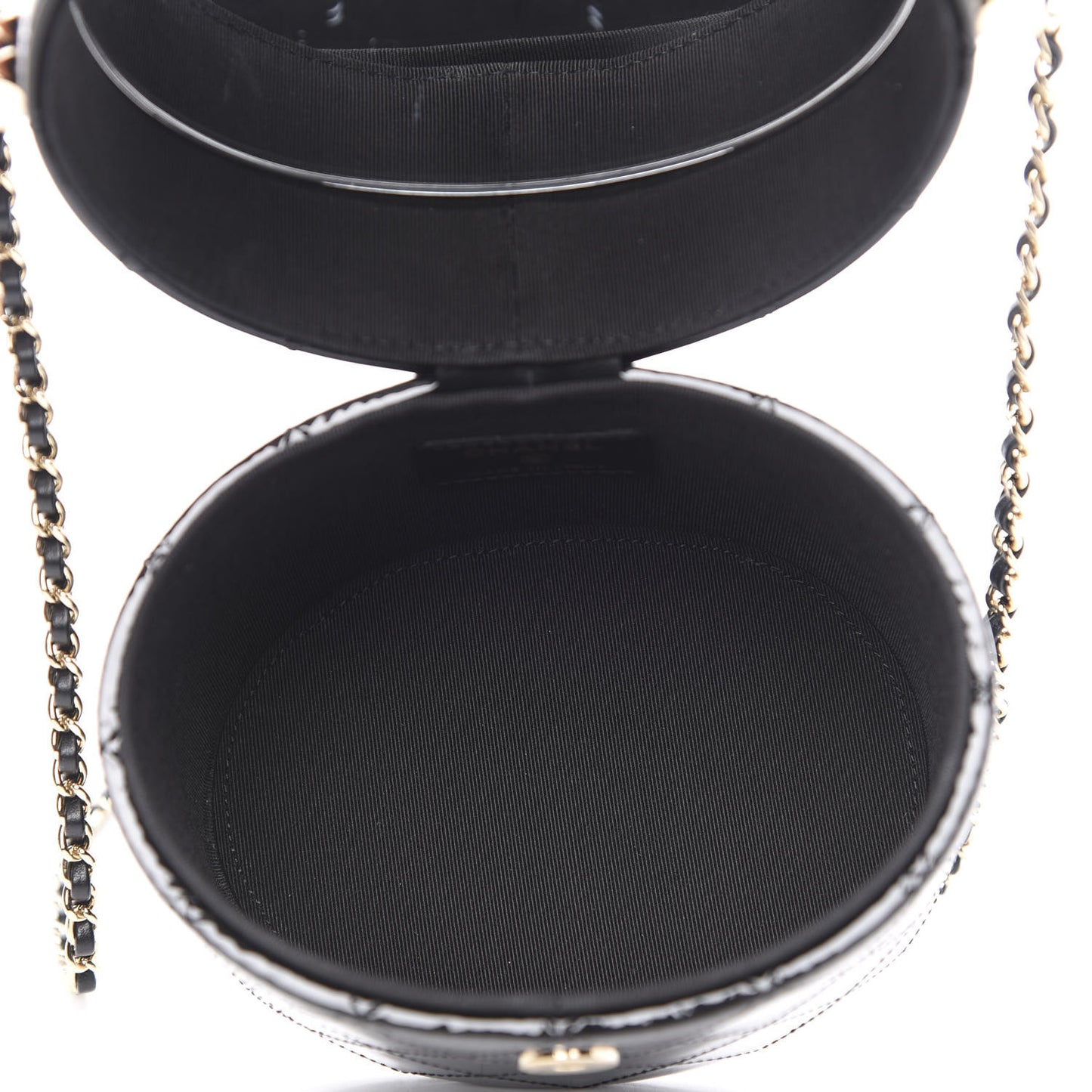Patent Quilted Round Clutch With Chain Black