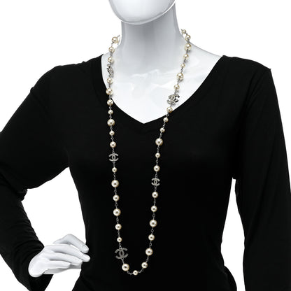 Chanel Graduated Pearl Crystal CC Long Necklace Silver 2 of 5