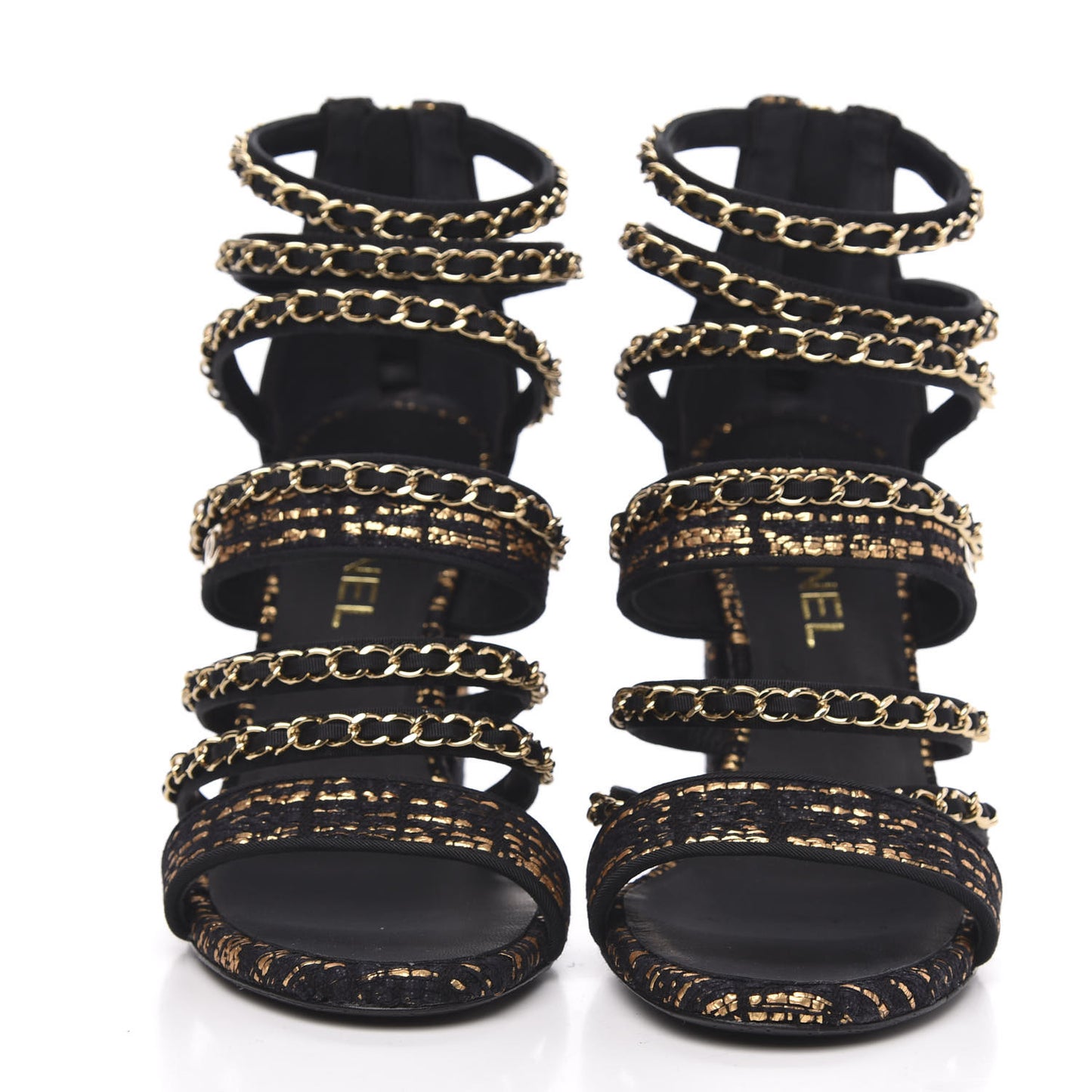 Metallic Tweed Gladiator Chain Sandals 39.5 Black Gold