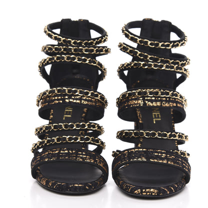 Chanel Metallic Tweed Gladiator Chain Sandals 39.5 Black Gold 2 of 9