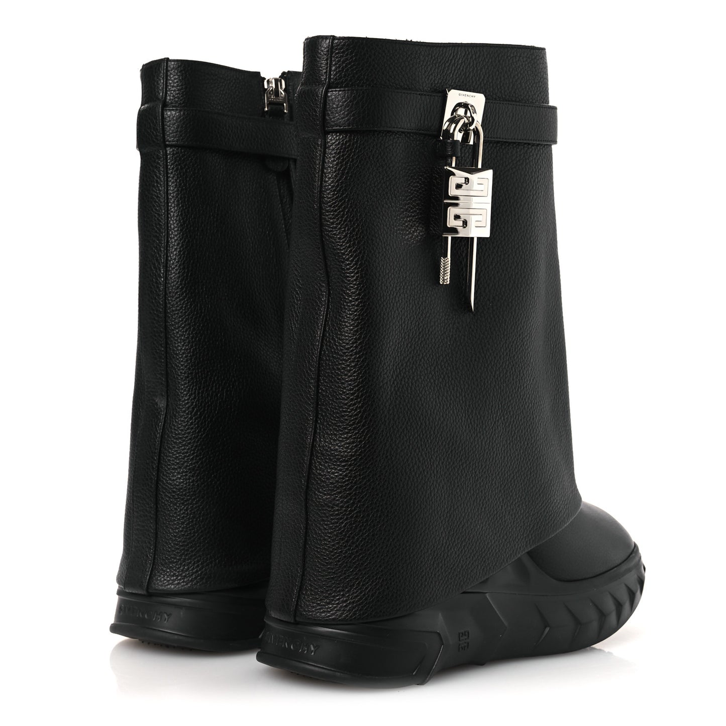 Grained Calfskin Shark Lock Biker Ankle Boots 40 Black