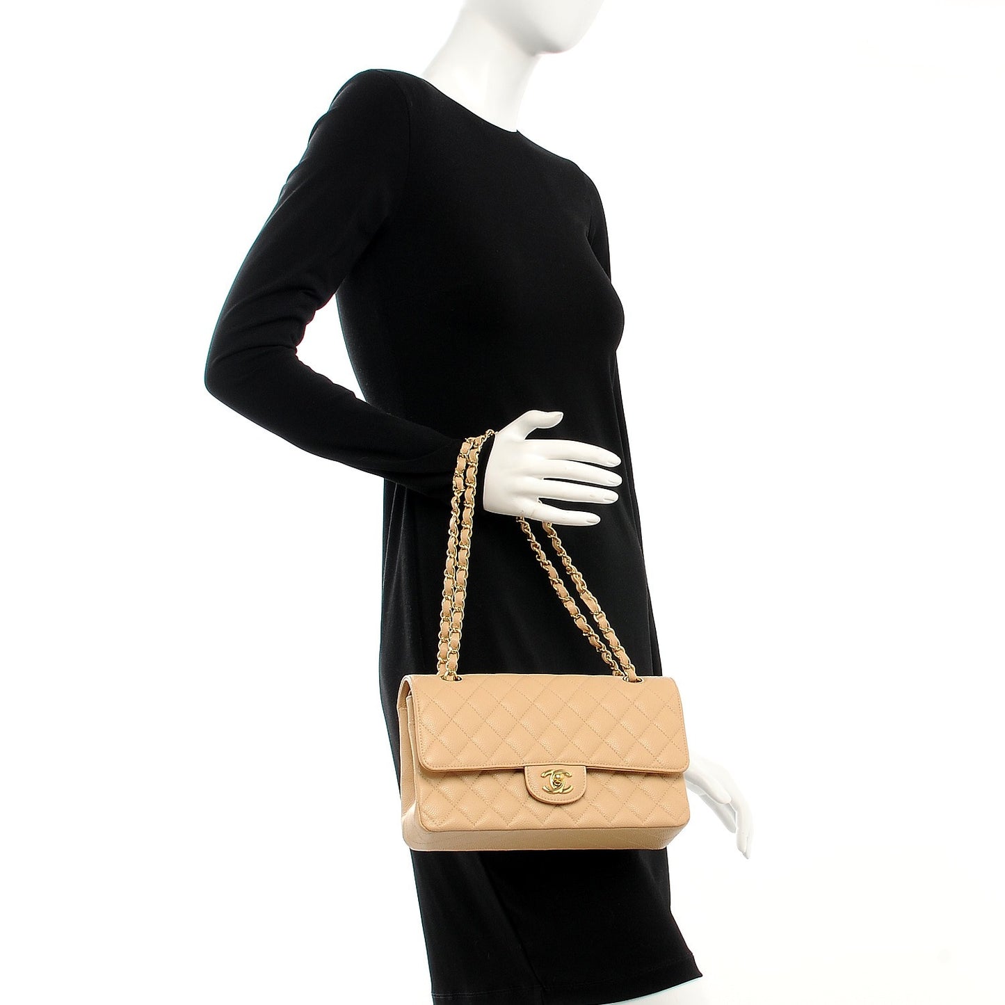 Caviar Quilted Medium Double Flap Beige Clair