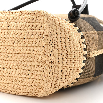 Fendi Fabric Jacquard Raffia Straw Pequin Gingham Woven Mini Mon Tresor Bucket Bag Beige Black Natural 10 of 11