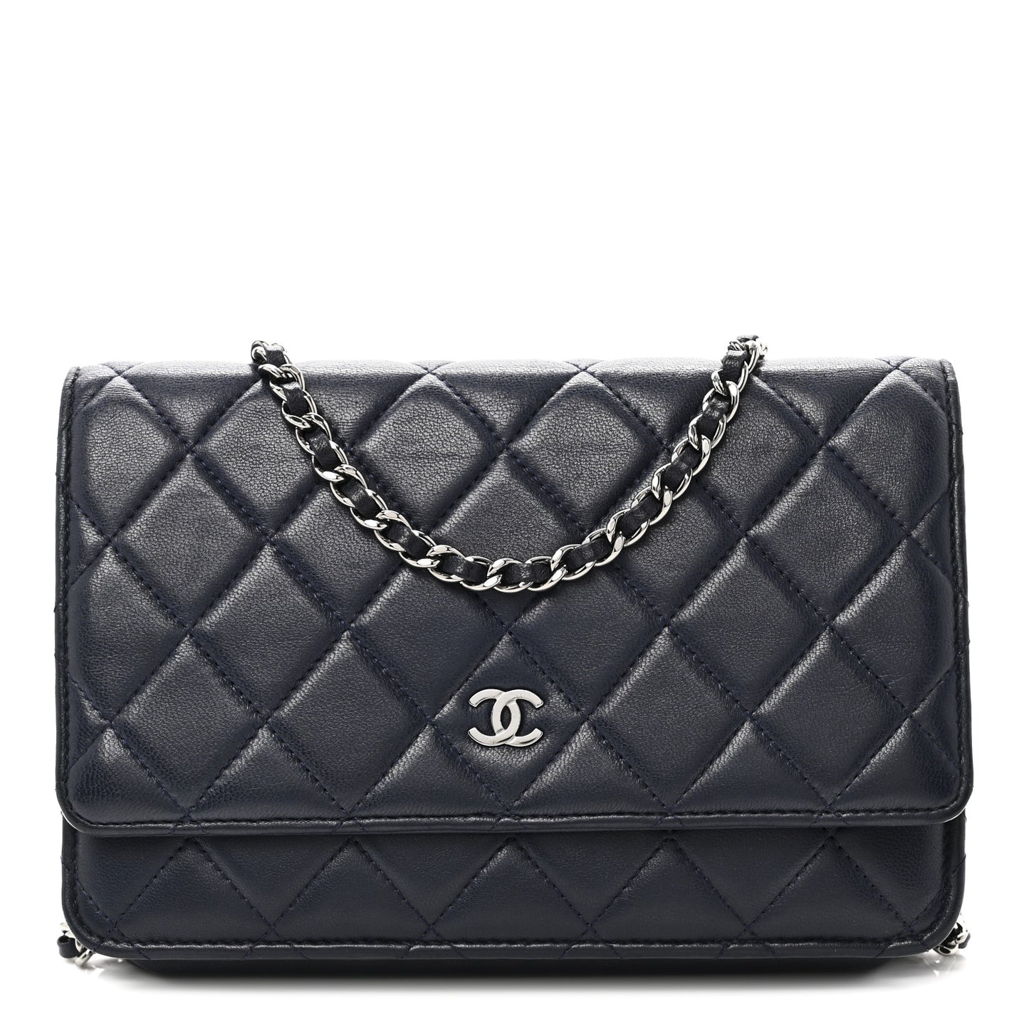 Lambskin Quilted Wallet On Chain WOC Navy Blue