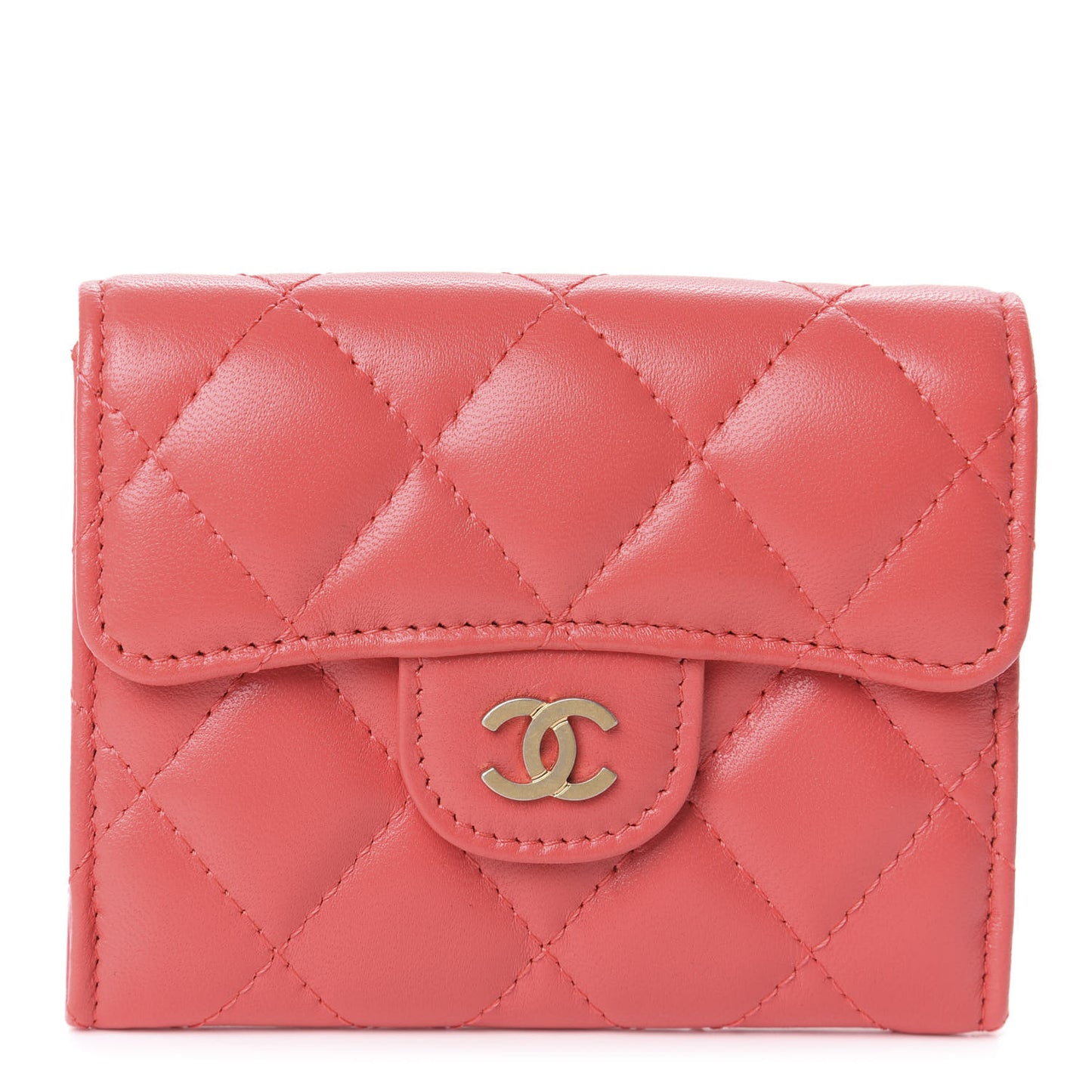 Lambskin Quilted Flap Card Holder Wallet Coral