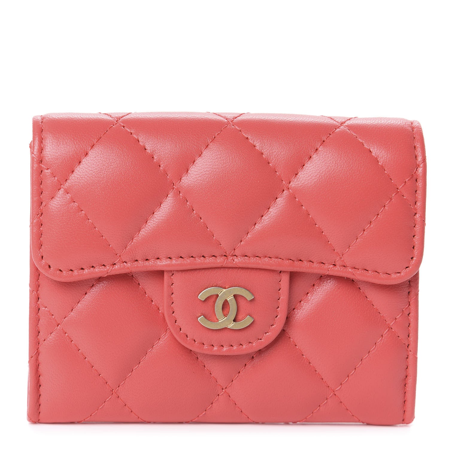 Chanel Lambskin Quilted Flap Card Holder Wallet Coral 1 of 7
