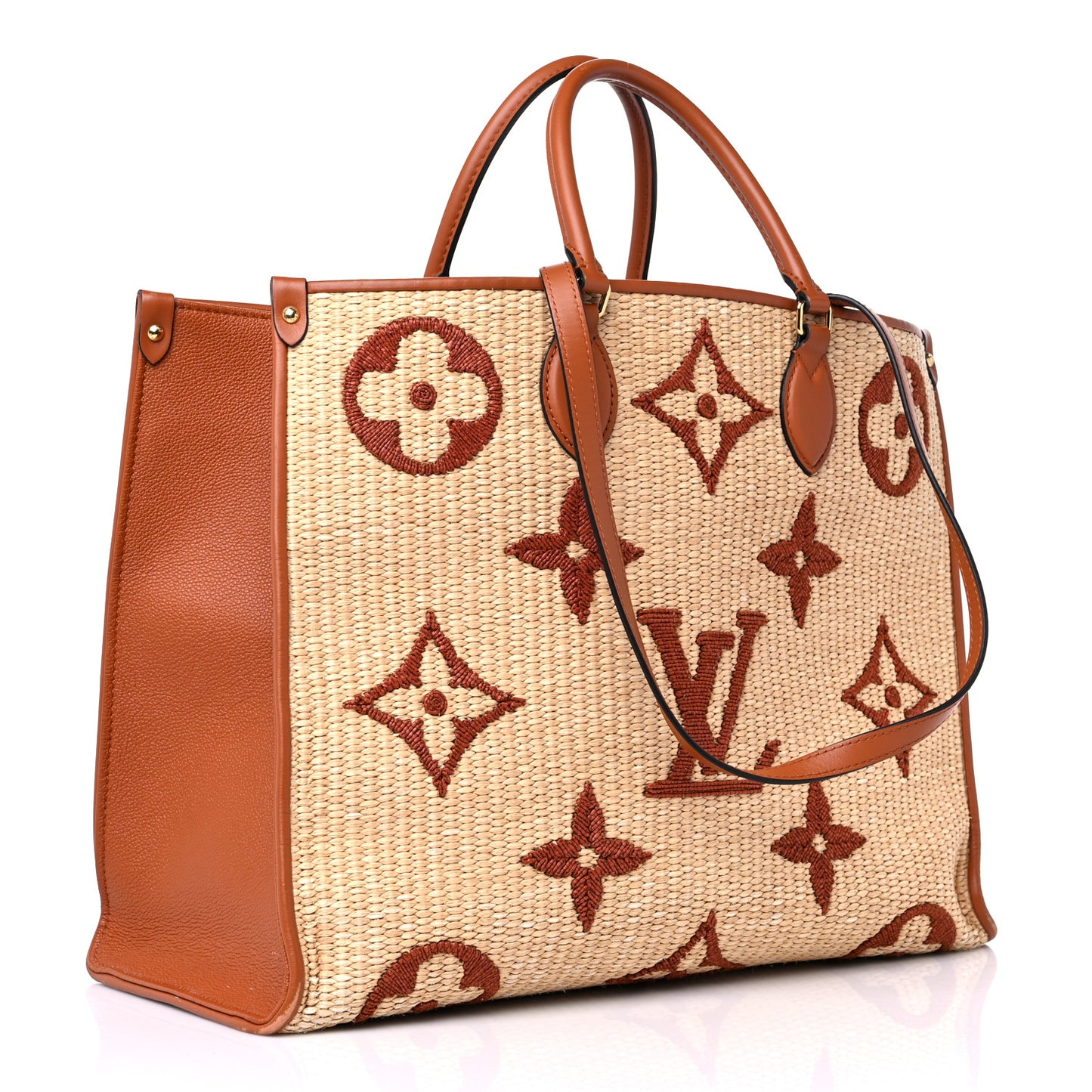 Raffia Calfskin Monogram Giant Onthego GM Tan