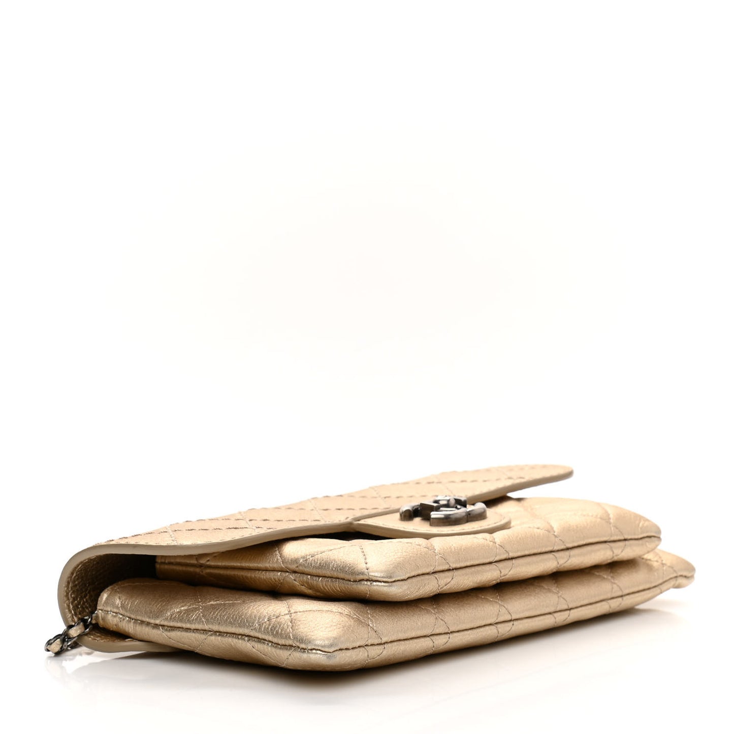 Metallic Calfskin Quilted Flap Clutch With Chain Light Gold