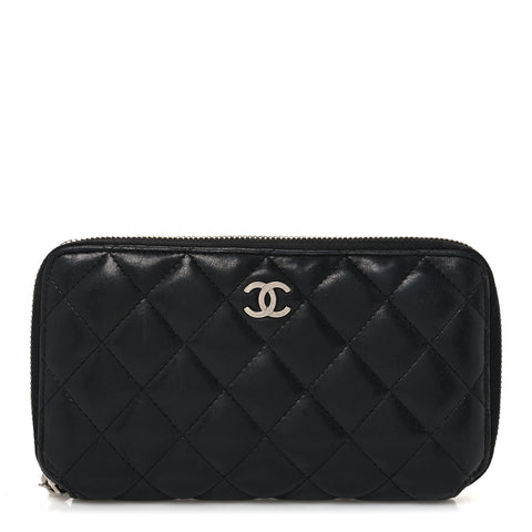 Lambskin Quilted Large Gusset Zip Around Wallet Black