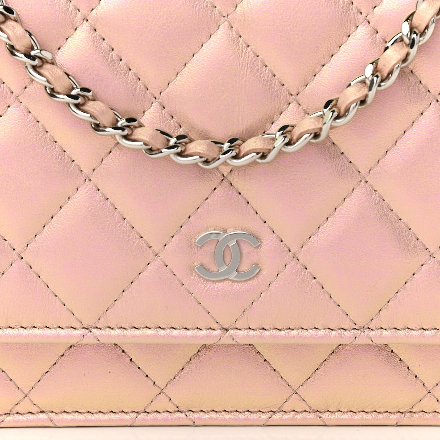 Iridescent Calfskin Quilted Wallet On Chain WOC Pink