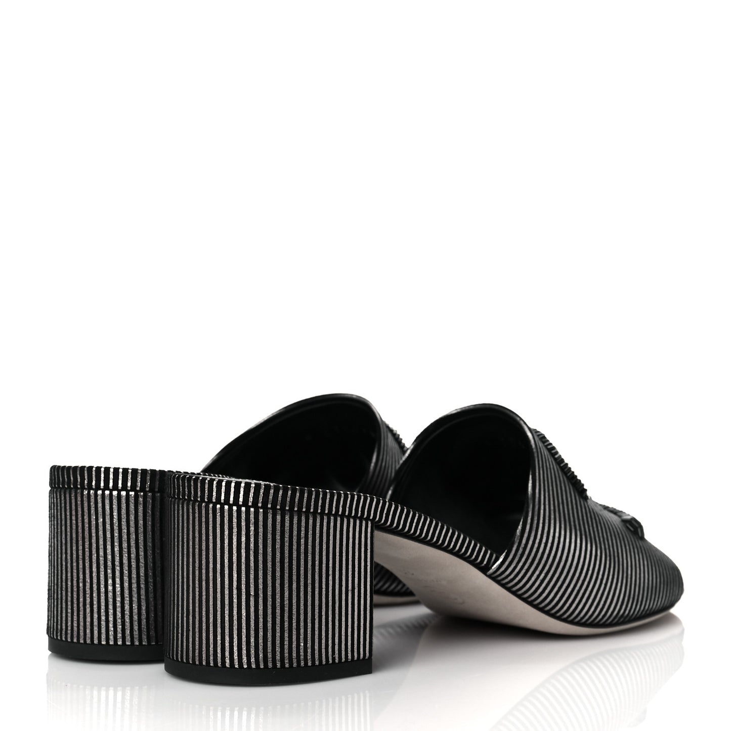 Calfskin Striped Beaded CC Mule Sandals 39 Black