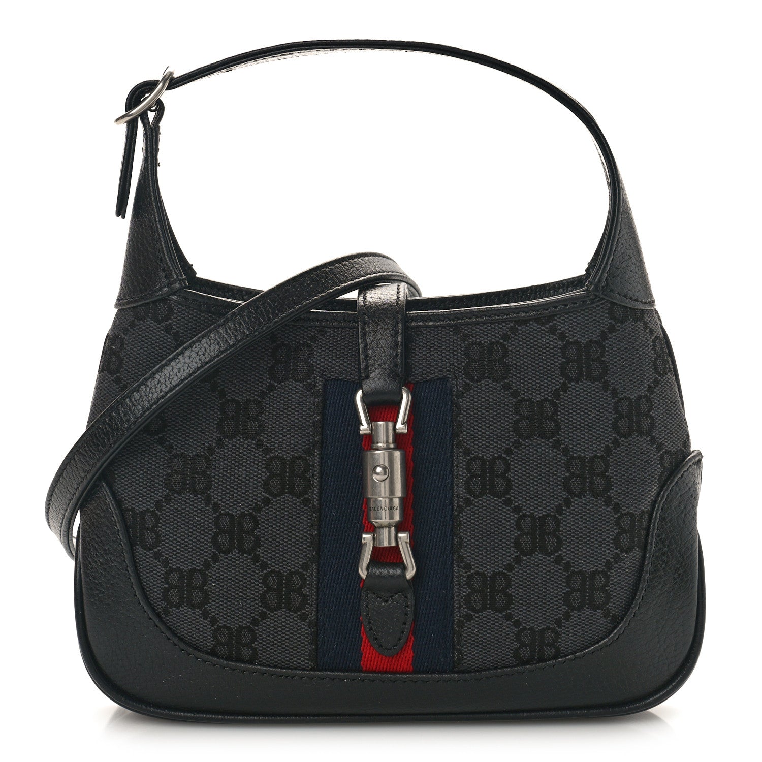 Gucci X BALENCIAGA BB Monogram Calfskin Web Mini Jackie 1961 Hobo Black 1 of 8